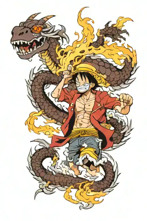 One piece anime being wrapped around by a dragon breathing fire tattoo design idea