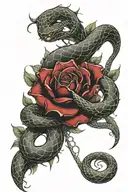 striking design of a black infinity symbol, transformed into an intricate snake with blood-red rose petals blooming from tattoo design idea
