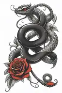striking design of a black infinity symbol, transformed into an intricate snake with blood-red rose petals blooming from tattoo design idea