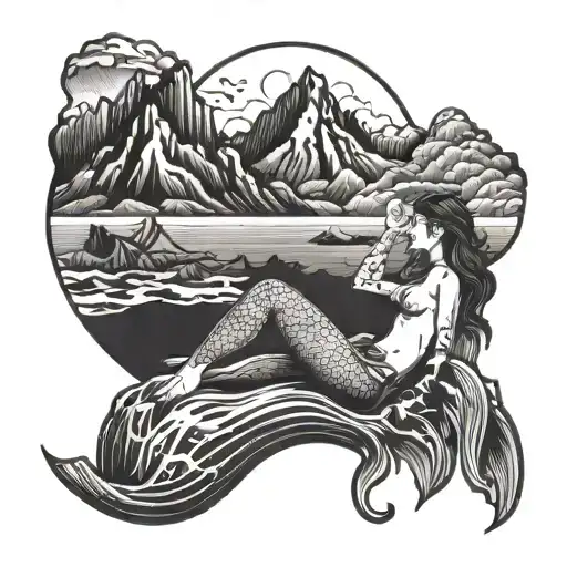 A mystical blackwork tattoo of a mermaid lounging on a mountain peak, blending elements of the ocean and Alaska mountains tattoo design idea
