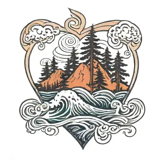 waves and redwoods in a heart shape tattoo design idea