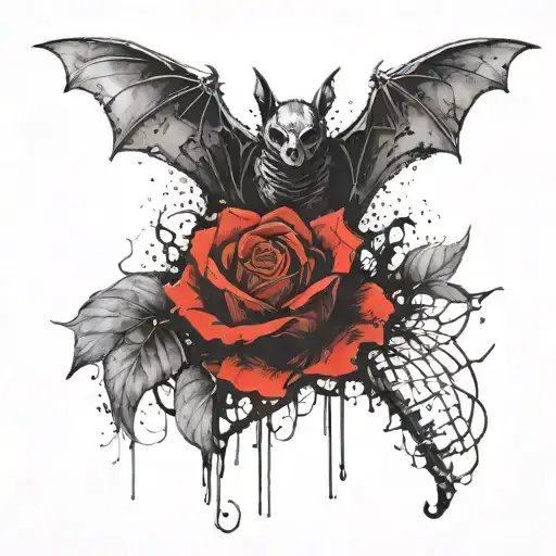 bat with exposed skeleton and heart inside, a large rose behind it blending with the wings. Black and gray, detailed sh tattoo design idea