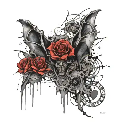 bat with exposed skeleton and heart inside, a large rose behind it blending with the wings. Black and gray, detailed sh tattoo design idea