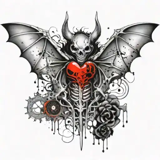 Design a bat with an exposed skeleton, with its ribcage open to reveal a heart inside. The heart should have organic, an tattoo design idea
