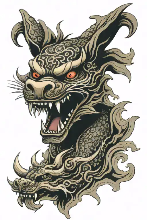 dragon, wolf head, japanese mask tattoo design idea