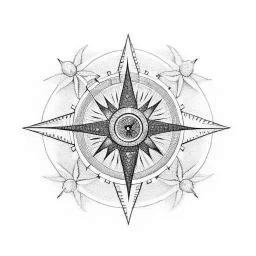 A dotwork tattoo of a high-tech compass surrounded by intricate botanical elements, symbolizing the client's love for both technology and the natural world tattoo design idea
