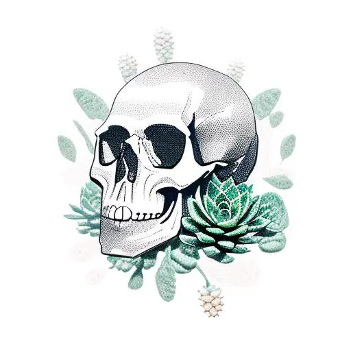 skull with succulents tattoo design idea