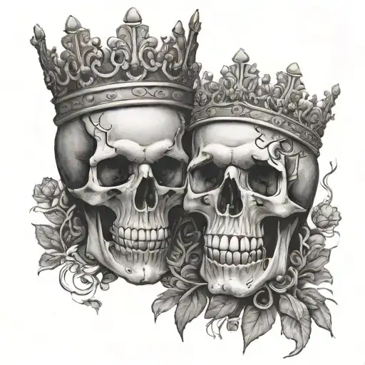 couples skull facing each other growing from roots with crowns   tattoo design idea