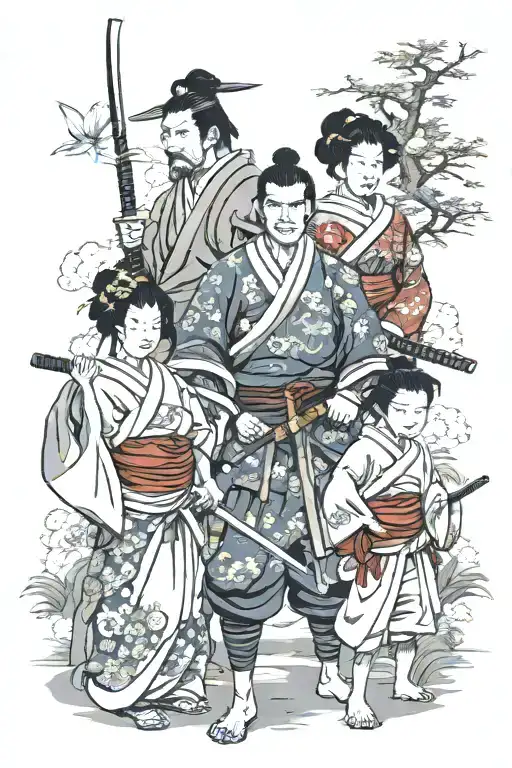 japanese samurai with a sword standing behind a wife, son, and daughter tattoo design idea