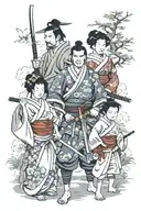 japanese samurai with a sword standing behind a wife, son, and daughter tattoo design idea