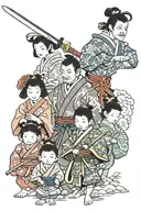 japanese samurai with a sword standing behind a wife, son, and daughter tattoo design idea