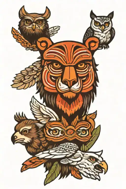 totem pole inspired with a chiefs headress at the top, a bear, owl, hawk and  tattoo design idea