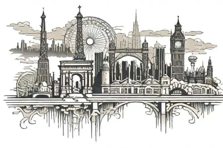 skyline with eiffel tower, coliseum of rome, berlin wall, brooklyn bridge, big ben tattoo design idea