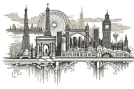 skyline with eiffel tower, coliseum of rome, berlin wall, brooklyn bridge, big ben tattoo design idea