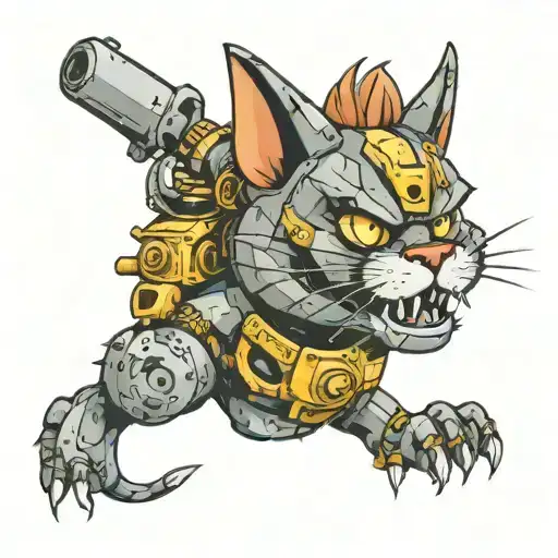 mechanical cat warrior tattoo design idea