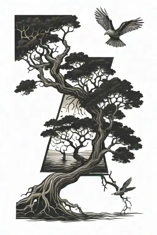 dark lake tree intertwined tattoo design idea