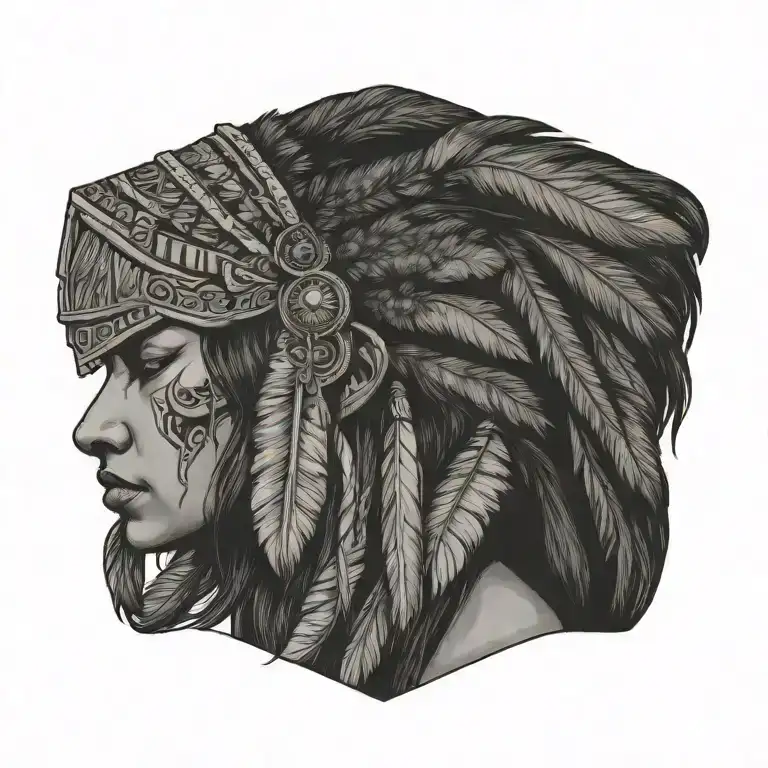profile view of native female warrior WEARING A WOLF headdress tattoo design idea