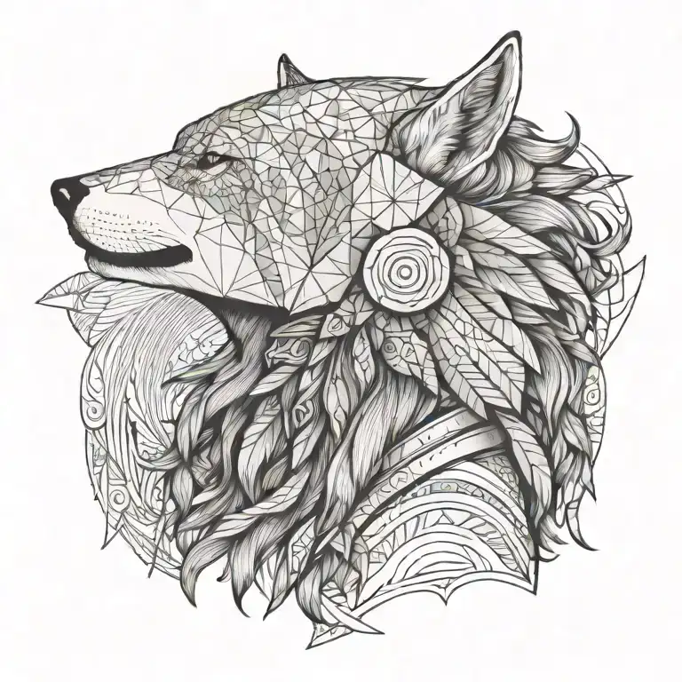 profile view of fierce female warrior wearing stoic wolf headdress tattoo design idea