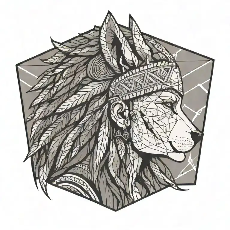 profile view of fierce human female warrior wearing stoic wolf headdress tattoo design idea