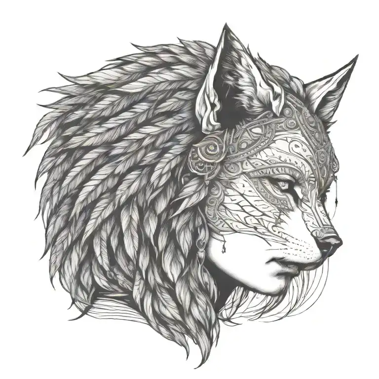 profile view of fierce human female warrior wearing stoic wolf headdress tattoo design idea