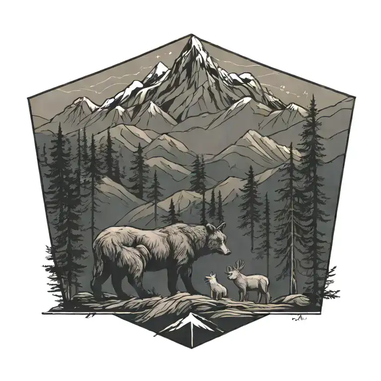 MOUNTAIN SCENE WITH BEAR, ELK, AND A MOTHER FOX WITH TWO BABIES \ tattoo design idea