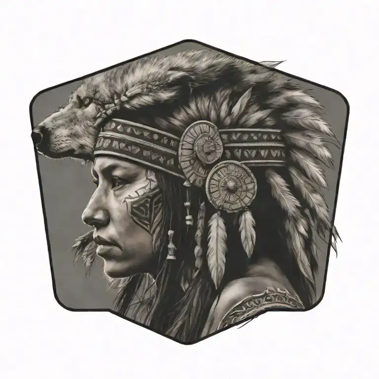 profile view of native female warrior wearing wolf headdress tattoo design idea