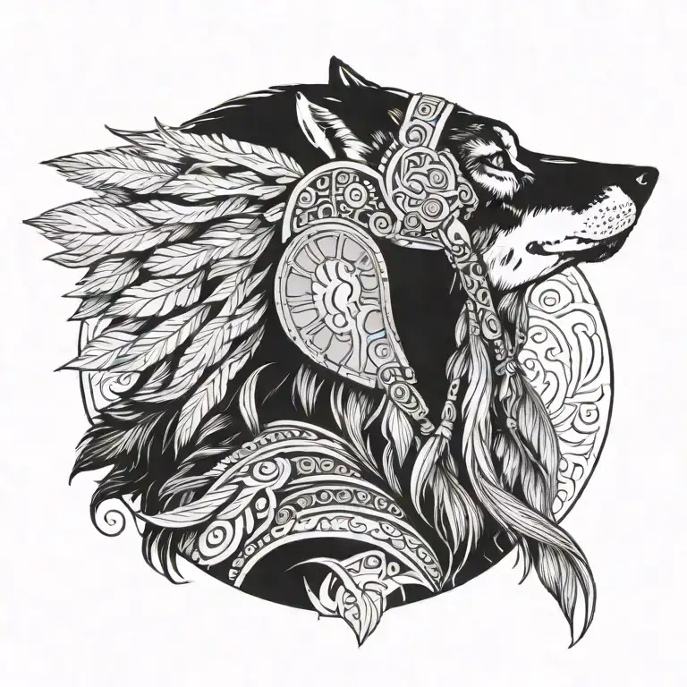 profile view of fierce human female warrior wearing stoic wolf headdress tattoo design idea
