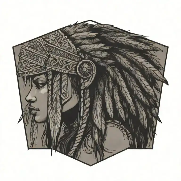 profile view of native female warrior wearing wolf headdress tattoo design idea