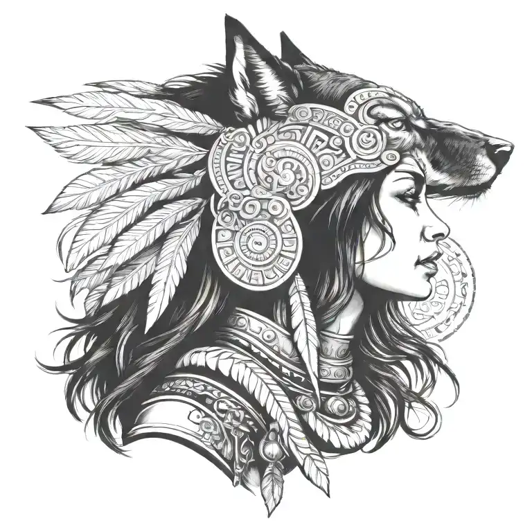 profile view of fierce human female warrior wearing stoic wolf headdress tattoo design idea