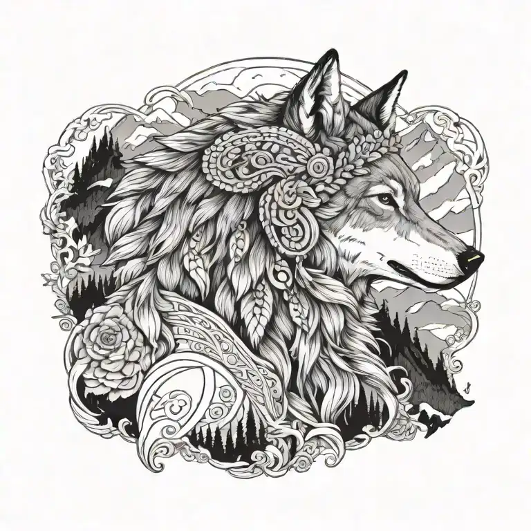 profile view of female wearing wolf headdress with mountain scene inside the head including a bear, an elk, and fox tattoo design idea