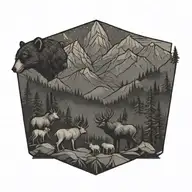 MOUNTAIN SCENE WITH SILHOUETTES OF  BEAR, ELK, AND A MOTHER FOX WITH TWO BABIES tattoo design idea
