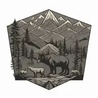 MOUNTAIN SCENE WITH SILHOUETTES OF  BEAR, ELK, AND A MOTHER FOX WITH TWO BABIES tattoo design idea