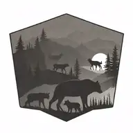 MOUNTAIN SCENE WITH SILHOUETTES OF  BEAR, ELK, AND A MOTHER FOX WITH TWO BABIES tattoo design idea