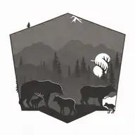 MOUNTAIN SCENE WITH SILHOUETTES OF  BEAR, ELK, AND A MOTHER FOX WITH TWO BABIES tattoo design idea