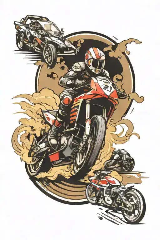 formula 1 car, motobike , rally car and drift car tattoo design idea