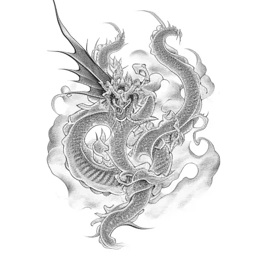 A black and grey tattoo of a Japanese dragon intertwined with peony flower high in sky  tattoo design idea