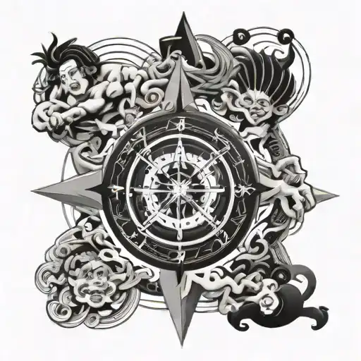 A compass intertwined with tribal art, with sumo wrestlers grappling around it in a black-grey style tattoo design idea