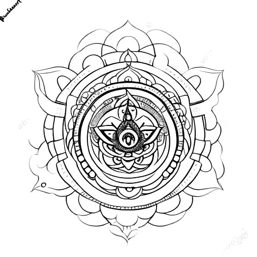 A detailed mandala with Shakti symbols surrounding an image of Goddess Durga tattoo design idea