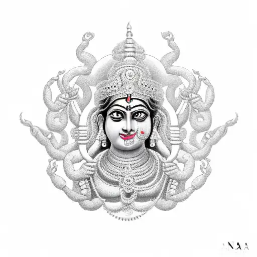 A minimalist black and grey portrait of Maa Durga with her multiple arms tattoo design idea