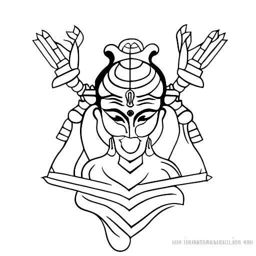 A minimalist black and grey portrait of Maa Durga with her multiple arms tattoo design idea