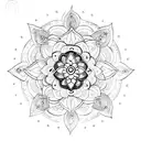 A detailed mandala with Shakti symbols surrounding an image of Goddess Durga tattoo design idea