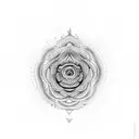 A detailed mandala with Shakti symbols surrounding an image of Goddess Durga tattoo design idea