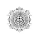 A detailed mandala with Shakti symbols surrounding an image of Goddess Durga tattoo design idea
