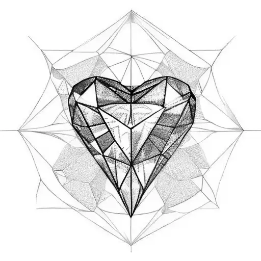 Draw me a geometrically designed heart with a diamond-like appearance. Inside this heart, creatively integrate the three tattoo design idea