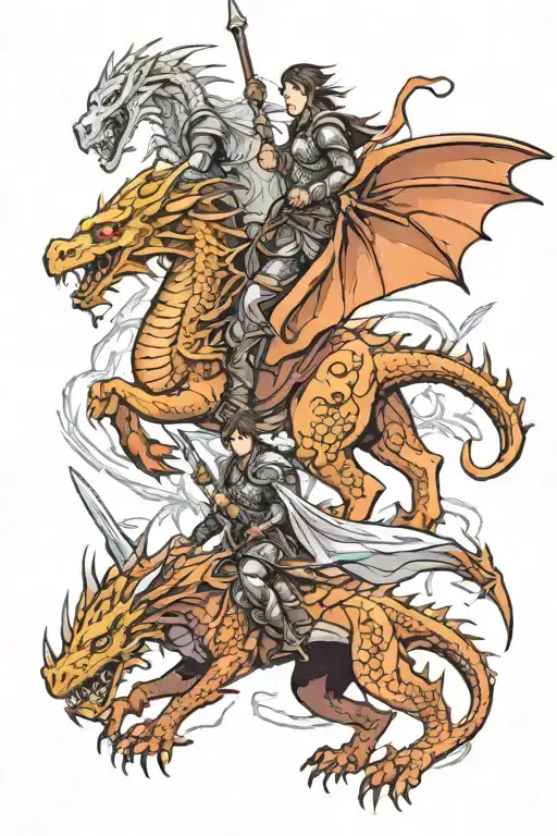 dragons, castle, elven warriors riding tattoo design idea