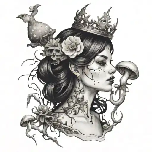 Black and white goth lady with mushrooms, surrounded by tiny spiders and flowers. Crown made of snakes and twigs.  tattoo design idea