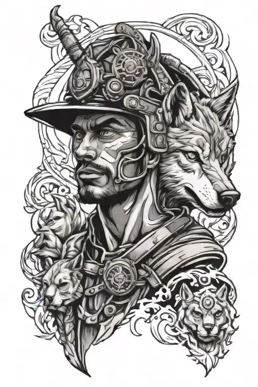 spartan firefighter with a wolf behind him with blue eyes tattoo design idea