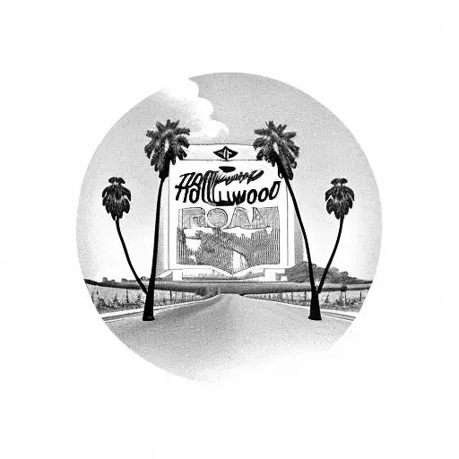 Hollywood's iconic sign, palm trees, and film reel with Morgan Hill's rolling hills, vineyards, and oak trees and mts tattoo design idea