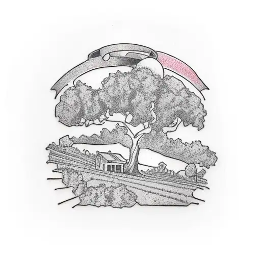 winding film strip that turns into a vineyard row, with the Hollywood sign on one end and an oak tree on the other tattoo design idea