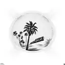 Create a forearm tattoo in black ink, blending Hollywood's iconic sign, palm trees, and film reel with Morgan Hill CA tattoo design idea